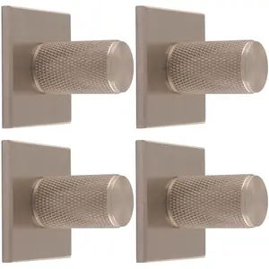 4 PACK - Knurled Cylinder Cabinet Door Knob & Matching Backplate - Satin Nickel 40 x 40mm