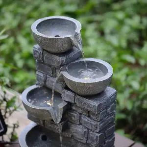 Grey Rustic Resin Rock Water Fountain with LED Lights and Solar Panel 45 cm