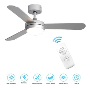 Silver 3 Blade Ceiling Fan Lights with Remote Control 42 Inch