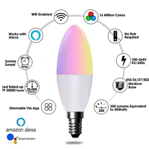 3 Pack 4.5W E14 LED Candle Bulb Base Smart WIFI RGB +CCT Changing, APP & Voice Control