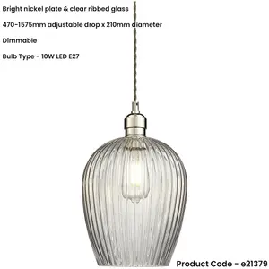 Hanging Ceiling Pendant Light - Bright Nickel Plate & Clear Ribbed Glass - 10W LED E27