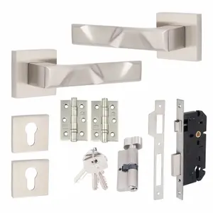 1 Pair Modern Nova Euro Lock Door Handles 70mm Thumbturn Barrell Satin Nickel Finish and Ball Bearing HInges - Golden Grace