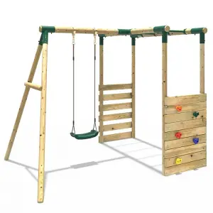 Rebo Wooden Children's Garden Swing Set with Monkey Bars - Single Swing - Solar Green