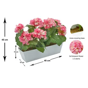 GreenBrokers Artificial Pink Hydrangea Flower in White Tin Window Box (45cm)