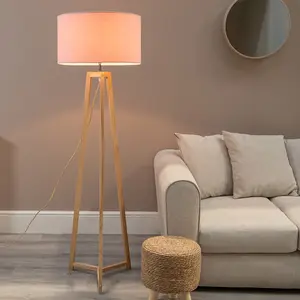 ValueLights Lottie Natural Wood Tripod Floor Lamp with Blush Pink Drum Shade