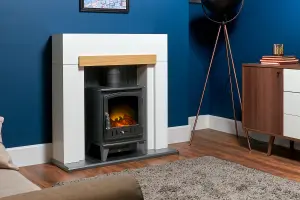 Adam Salzburg Stove Fireplace in Pure White with Oak Beam, 39 Inch