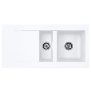 Liquida EW15WH 1.5 Bowl Composite Reversible Inset White Kitchen Sink With Waste