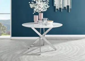 Furniturebox UK Novara White High Gloss 120cm Round Dining Table & 4 Navy Velvet Milan Black Leg Chairs