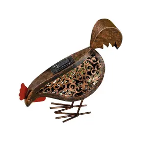 2 x Solar Powered Silhouette Hens - Handmade Metal Outdoor Garden Chicken Ornaments with LED Light & Scroll Effect Cut Out Detail