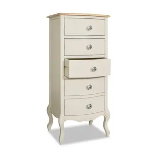 Juliette Champagne Shabby Chic 5 Drawer Tallboy with Crystal Handles