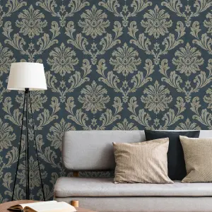 Grandeco Louisa Damask Navy & Silver metallic & glitter Textured Wallpaper