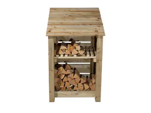 Slatted wooden log store with kindling shelf W-79cm, H-126cm, D-88cm - natural (light green) finish