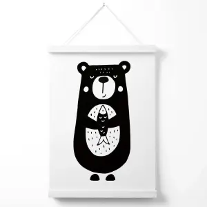 Cute Black Bear Scandi Animal Poster with Hanger / 33cm / White