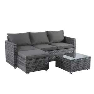 Outdoor Rattan Corner Sofa, 3 Piece L-Shaped Rattan Garden Furniture Lounge Set with Glass Table, Soft Cushion - Gray