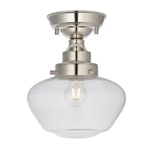 Polished Nickel Semi Flush Ceiling Light Fitting & Clear Glass Shade Low Profile