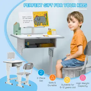 HOMCOM Kids Desk and Chair Set w/ Drawer, Book Stand, Pen Slot, Grey