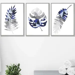 Set of 3 Geometric Tropical Leaves In Navy Blue Grey Wall Art Prints / 50x70cm / Light Grey Frame