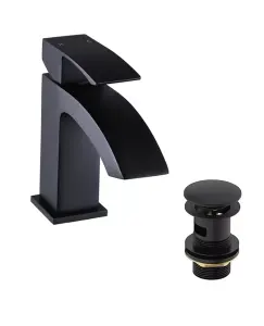 Square Black Bathroom Basin Tap With Free Pop Up Waste