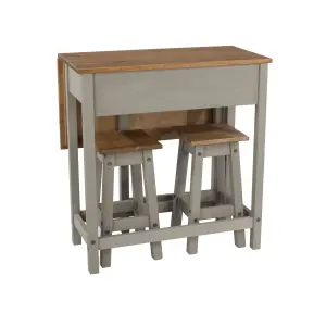 Corona breakfast drop leaf table & 2 stools SET, grey waxed and Antique waxed pine