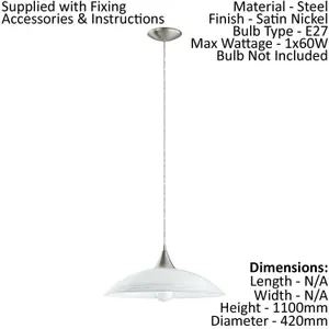 Pendant Ceiling Light Colour Satin Nickel Shade White Painted Satin Glass Bulb E27 1x60W