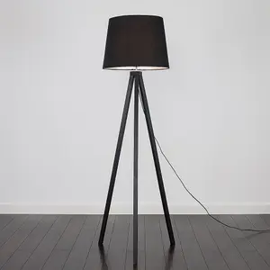 ValueLights Barbro Modern Black Wood Tripod Design Floor Lamp with Black Tapered Shade - Includes 6w LED GLS Bulb 3000K Warm White