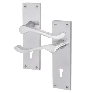 AFIT Satin Chrome Victorian Scroll Door Handles for Key Lock - 1 Pair of Internal Lever Lock Handles on Backplate