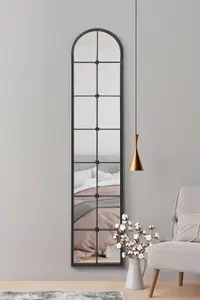 MirrorOutlet Slim Window Arcus - Black Framed Arched Leaner Wall Mirror 75" X 16" (190CM X 40CM)