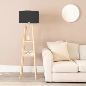 ValueLights Wakefield Two Storage Shelf Wooden Floor Lamp with Black Fabric Shade