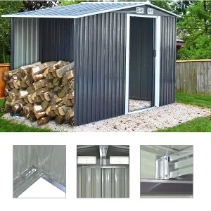 8 x 6 ft Metal Shed Garden Storage Shed Apex Roof Double Door with 6.7 x 2.1 ft Log Store, Black