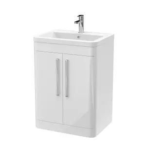 600mm - Floor Standing 2 Door Vanity Unit with Ceramic Basin - Gloss White