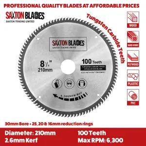 Saxton TCT210100T TCT Circular Saw Blade 210mm x 100 Teeth x 30mm Bore + 16, 20 and 25mm Rings