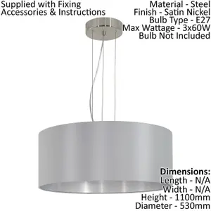 Pendant Ceiling Light Colour Satin Nickel Steel Shade Grey Silver Fabric Bulb E27 3x60W