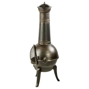 Fire Pit - cast iron chiminea, removable grid shelf, air supply regulator - grey