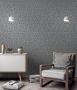 Holden Metallic Glistening Industrial Maze Geometric Geo Wallpaper Roll Black Silver 12912