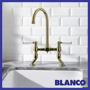 Blanco Vicus Bridge Twin Lever Swivel Spout Traditional Kitchen Mixer Tap - Brushed Brass