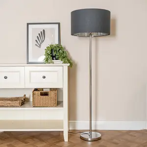 ValueLights Charles Chrome Stem Floor Lamp with Charcoal with Chrome Inner Lamp Shade and LED Bulb