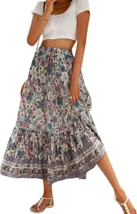 Women Casual Boho Long Skirt Vintage Floral Print Bohemian Style Half Dress Elastic Waist Flowy Swing Midi Skirt Summer Spring