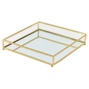 URBNLIVING Height 4cm Set of 2 Gold Metal Frame Square Mirror Tray Set Vanity Perfume Makeup Candle Trinket Tray