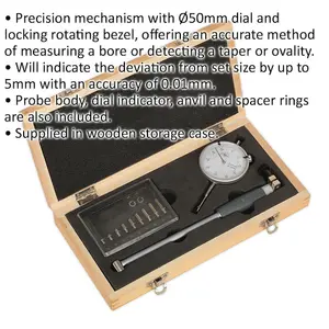 50mm Dial Bore Gauge - 18mm to 35mm Range - Probe Body - Wooden Storage Case