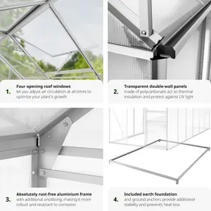 Greenhouse with Base - aluminium frame, sliding door, roof window - 375 x 185 x 195 cm