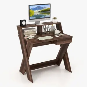 Costway Wooden Computer Desk Home Office Writing Desk with Monitor Stand Riser X-shaped Walnut