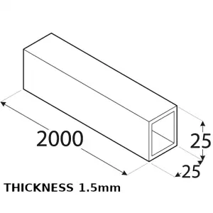 Anodized Aluminum Square Tube Circular Pipe Rod Pipe Rail - Size 2000x25x25x1.5mm - Pack of 1