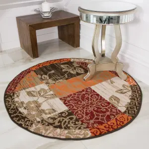 Red Terracotta Brown Floral Patchwork Living Room Round Circular Mat 160x160cm