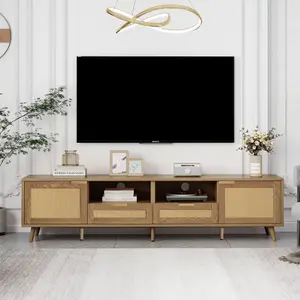 Modern Rattan and Oak Wood TV Stand TV Cabinet Console Table with Storage and Drawers Living Room Furniture