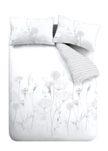 Catherine Lansfield Bedding Meadowsweet Floral Duvet Cover Set with Pillowcases White Grey