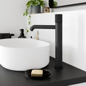 GoodHome Levanna Tall Matt Black Round Deck Mixer Tap