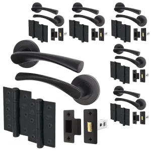 AFIT Matt Black Door Handle Latch set, Pack of 6 - Round Internal Door Handles, Latch (64mm), Hinges (76mm) Matt Black Novi Range