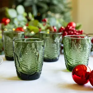 Set of 4 Vintage Luxury Green Leaf Embossed Drinking Glass Tumblers 260ml