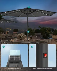 SONGMICS Parasol, Garden Umbrella, 32 Solar Powered LED Lights, Dual-Tilt System, Outdoor, Without Base, Grey