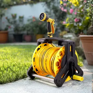 25m Portable Garden Watering Hose Reel Set with 10 Modes in Yellow and Black